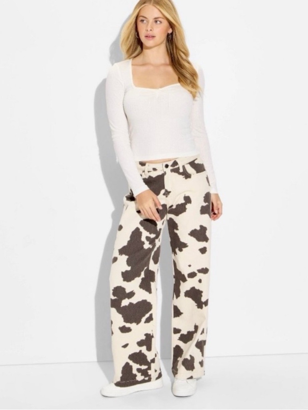 wild fable Cream and Brown Cow Print Straight Leg Jeans